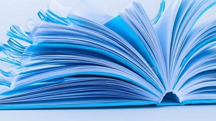 Open Book with Fanned Blue Pages Displaying Textures and Patterns Against a Bright Background