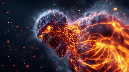 Fierce Lava Monster Emerging from Darkness with Glowing Fiery Veins and Intense Expression
