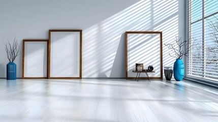 Bright And Spacious Minimalist Interior With Framed Artwork And Decorative Vases In Natural Light