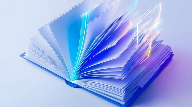 Open Book with Pages Transformed into Dynamic Blue Shapes and Light in a Digital Conceptual Space