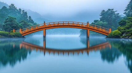Fototapeta premium Misty morning view of an arched wooden bridge over a tranquil lake