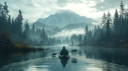 Misty mountain lake kayaker