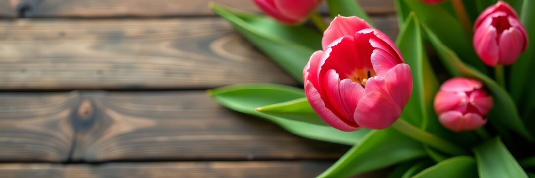 Close-up of vibrant pink tulip flower surrounded by green leaves on wooden table, tulip, wooden table, pink - Powered by Adobe