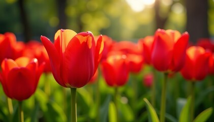 Obraz premium Close-up of vibrant red tulips blooming in city park, nature, park, spring