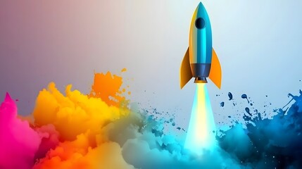 Colorful Rocket Launching Through Vibrant Clouds of Smoke in a Dynamic Digital Environment