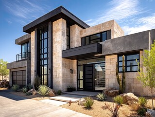 A contemporary home in Nevada with light sandstone walls and black window frames