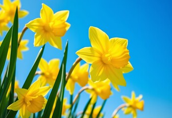 Fototapeta premium Close-up of vibrant yellow daffodils against a clear blue sky Springtime blooms, blue sky, landscape