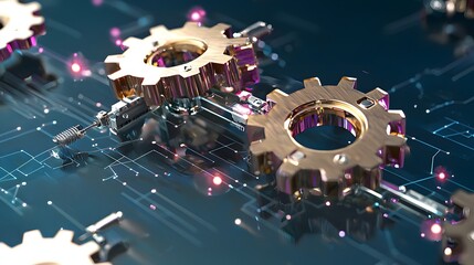 Close-Up View of Interconnected Metallic Gears on High-Tech Circuit Board Background
