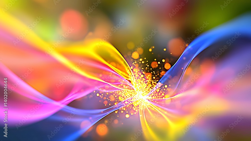 Wall mural abstract colorful light waves radiating in a burst of energy with soft background glow