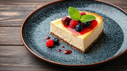 Delicious cheesecake slice topped with fresh berries and mint on a textured plate