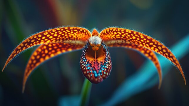 Vibrant orchid in close-up.  Detailed petals with orange and red patterns