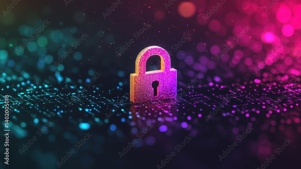 Poster colorful digital lock on abstract background with glowing dots representing cybersecurity and protec