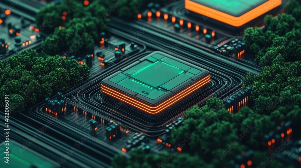 Poster futuristic data center concept with green trees and neon lights in a high-tech environment