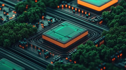 Fototapeta premium Futuristic Data Center Concept with Green Trees and Neon Lights in a High-Tech Environment