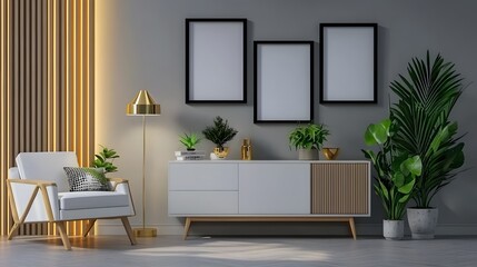 Modern Interior Living Room Design with Minimalist Furniture and Elegant Greenery Accents