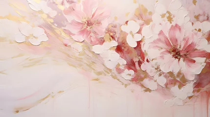 Papier peint photo intissé Thick paint thick strokes scraper acrylic gold white pink flowers background poster decorative painting