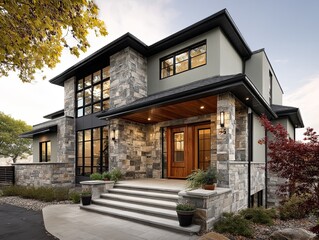 A contemporary home with a soft green exterior and black windows, featuring elegant stone accents