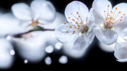 Delicate White Cherry Blossoms in Full Bloom Against a Soft Focus Dark Background