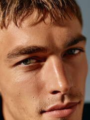 Model with Textured Skin and Blunt Bangs in Harsh Sunlight – Sharp Close-Up Portrait with a Confident Gaze