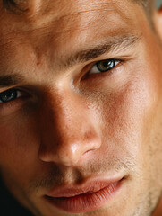 Pensive Man with Subtle Freckles and Green Eyes in Soft Shadow – Close-Up Portrait of Facial Texture and Thoughtful Expression
