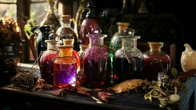A mystical video scene with a close-up angle of vintage potion bottles on a dark wooden table, surrounded by dried leaves and herbs.