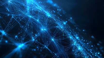Abstract Digital Network with Illuminated Blue Connections and Glowing Particles in a Dark Space