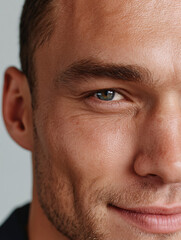 Playful Glance of a Blue-Eyed Man with Sculpted Jaw and a Hint of a Smirk – Relaxed Lighting and Soft Detail