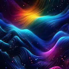 Abstract Grainy Neon Fluid Wave on Black Background Glowing Blue, Purple, Green, and Yellow Gradient for Futuristic Posters, Banners, or Digital Design