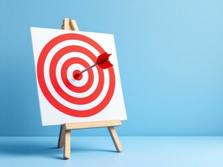 Bullseye target with red arrow on easel against bright blue background. Concept of accuracy, goal achievement, and business success