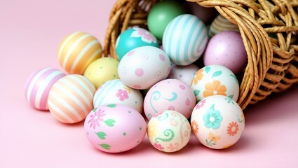 Obraz premium Festive Pastel Easter Eggs with Various Patterns Spilling from Wicker Basket onto Pink Surface - Perfect for Spring and Easter Concepts