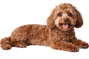 Fototapeta premium Lying Down Cockapoo with Brown Curly Fur on White Background
