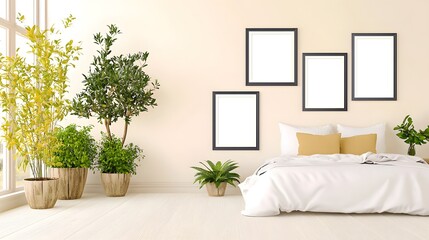 Bright and Spacious Bedroom with Minimalist Decor and Indoor Plants near Large Windows