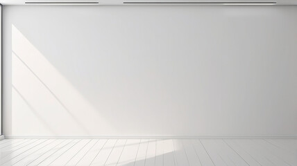 Minimalist interior photo shows an empty room with white walls with natural light coming in, creating soft shadows on the walls.