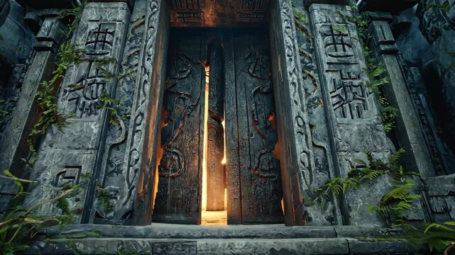 Ancient stone doors leading to glowing light, carved inscriptions on weathered temple architecture and overgrown with vines