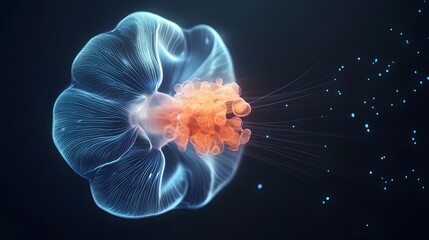 Glowing Jellyfish with Ethereal Tentacles Swimming in the Dark Ocean Waters