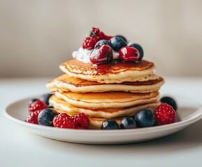 Stack of pancakes topped with berries and whipped cream
