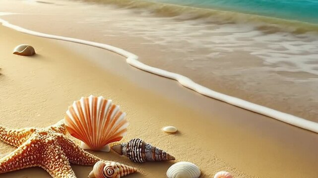 Tropical summer beach showcasing a starfish and seashells nestled on sand with crashing waves  