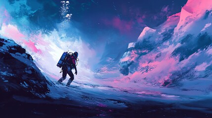 Diver exploring surreal underwater landscape with pink and blue hues in the snow