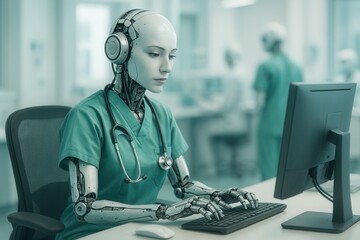 Humanoide Roboterin mit Stethoskop und Headset arbeitet in grüner OP-Kleidung an einem Computer in futuristischer Krankenhausumgebung, KI im Gesundheitswesen.