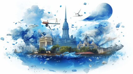 Visual representation of economy, reserves, finances, and banking institutions on a white background