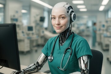 Lächelnde humanoide Roboterin mit OP-Kleidung und Stethoskop in moderner Klinik, freundliche medizinische Assistenz durch künstliche Intelligenz, fotorealistische Illustration.