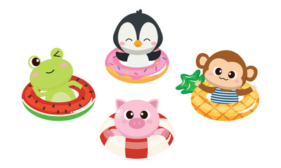 Cute animals in swimming pool floaties