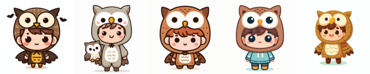 cute vector collection of boys wearing owl costumes