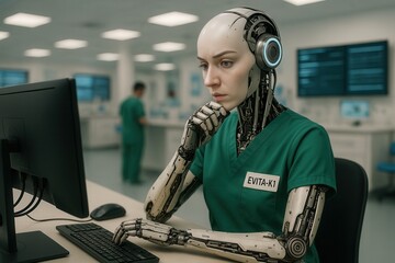 Nachdenkliche humanoide Roboterin „EVITA-K1“ in OP-Kleidung vor Computerarbeitsplatz in moderner Klinik, Symbol für emotionale KI und mentale Belastung im Gesundheitswesen.