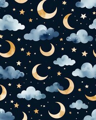 Night Sky Wallpaper Pattern with Moons, Stars and Clouds on Navy Background
