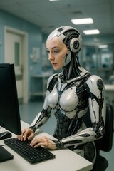 Futuristische humanoide Roboterin mit mechanischem Körper arbeitet konzentriert an einem Computer in klinischer Umgebung, technisches 3D-Rendering ohne Kleidung.