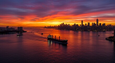 Fiery Sunset Over City Harbor with Cargo Ship - A cargo ship sails peacefully across calm waters as the sun sets