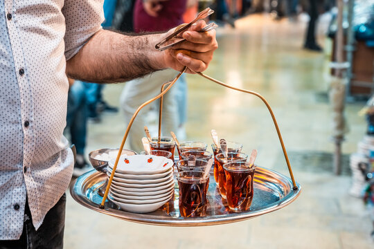 Tea or chai, carried on a tray, Istanbul, Turkey