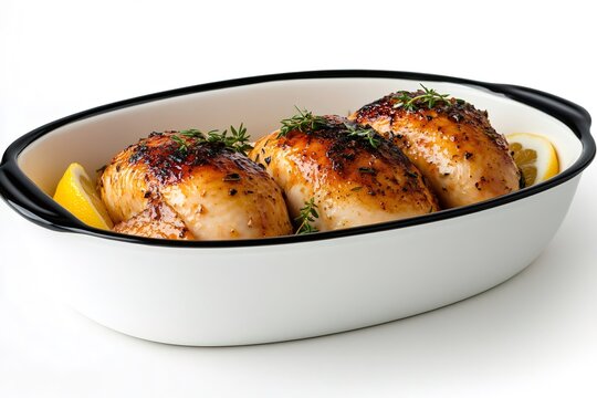 Roasted chicken breasts with lemon and thyme filling a white ceramic oven dish