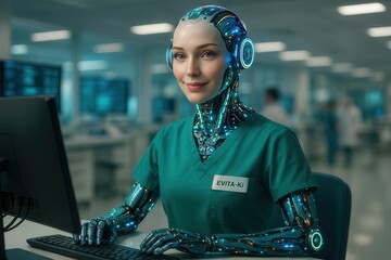 Futuristische humanoide Roboterin mit leuchtender Hightech-Oberfläche und medizinischer Kleidung arbeitet am Computer in moderner Klinik, 3D-Rendering.